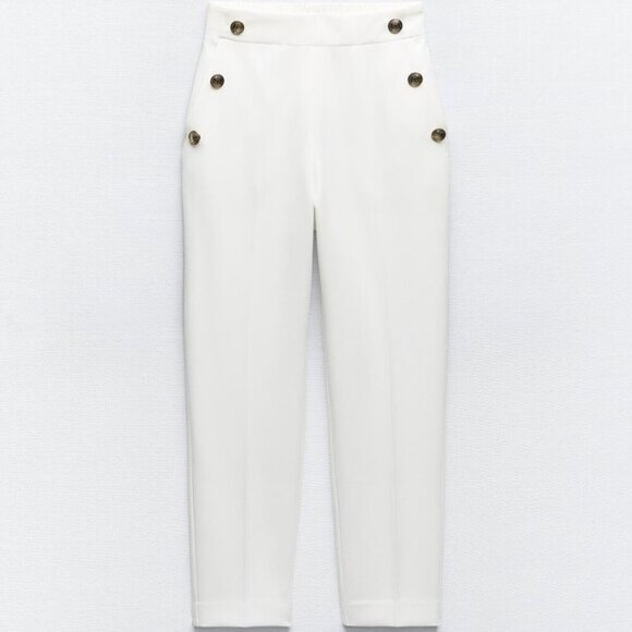 NEW Zara Women's BUTTONED STRAIGHT LEG PANTS White - Picture 8 of 11